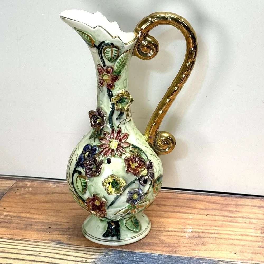 Vtg West Pac Japan‎ Porcelain Hand Painted Gold Trim Floral Relief Vase Pitcher